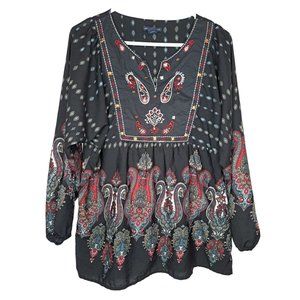 Westbound Petites PL Black Paisley Tunic Boho Embroidered Peasant Top